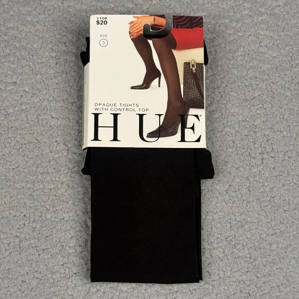 HUE Opaque Control Top Tights Womens Size 3 Black Goth Dark Academia Preppy NIP